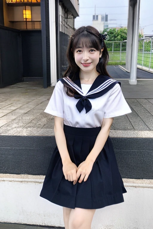 best quality, masterpiece, (photorealistic:1.4), 1girl, smiling eyes, (ulzzang-6500-v1.1:1.0), black Eyes, Beautiful Woman, Actress, 40 years old, witch, Japanese, sailor uniform, cosplay, micro-mini skirt, full body, JK