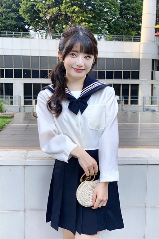 best quality, masterpiece, (photorealistic:1.4), 1girl, smiling eyes, (ulzzang-6500-v1.1:1.0), black Eyes, Beautiful Woman, Actress, 40 years old, witch, Japanese, sailor uniform, cosplay, micro-mini skirt, full body, JK