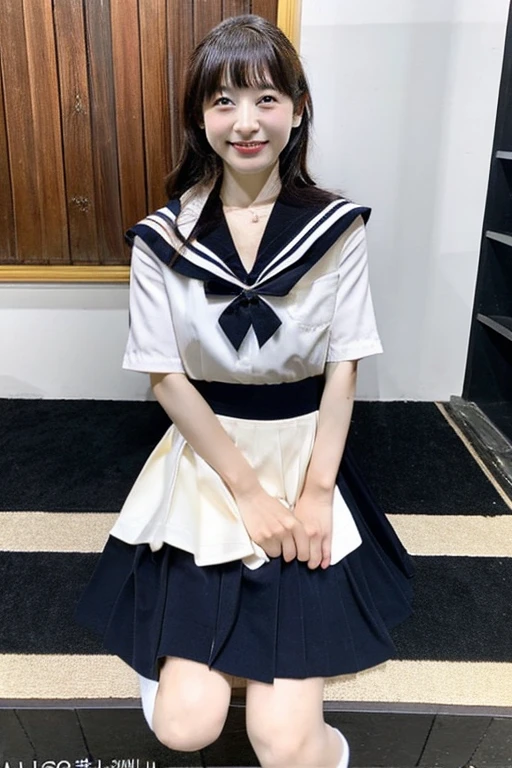 best quality, masterpiece, (photorealistic:1.4), 1girl, smiling eyes, (ulzzang-6500-v1.1:1.0), black Eyes, Beautiful Woman, Actress, 40 years old, witch, Japanese, sailor uniform, cosplay, micro-mini skirt, full body, JK