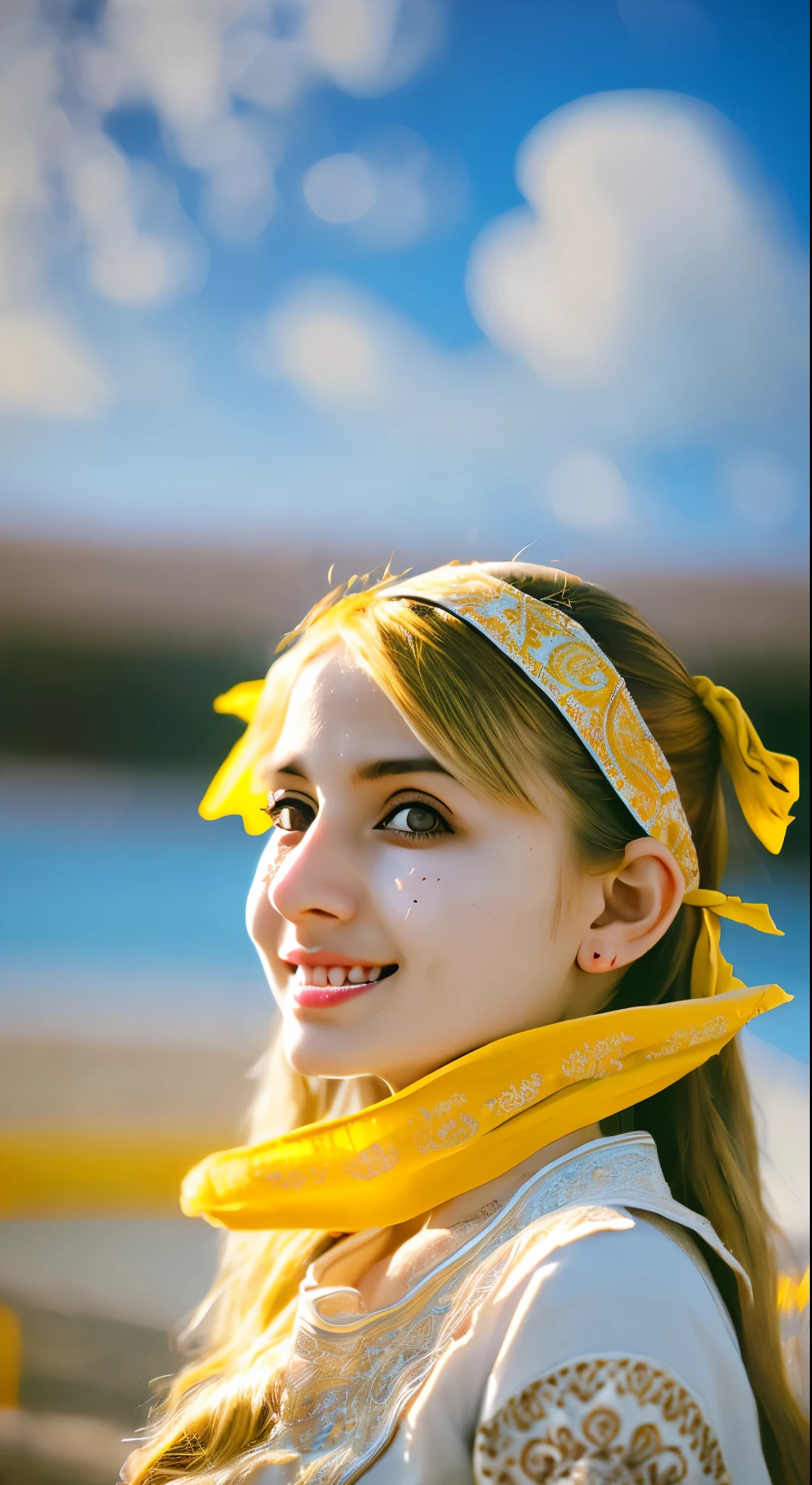 masterpiece, highest quality, highest quality, (Intricate and detailed:1.2), Beautiful Eyes, One girl, alone, Outdoor, blue sky, cloudy, Bokeh, Lens flare, anamorphic Lens flare, Depth of written boundary, Fascinating face, Captivating smile, henna_Ruin, Yellow Hair, Red headband,