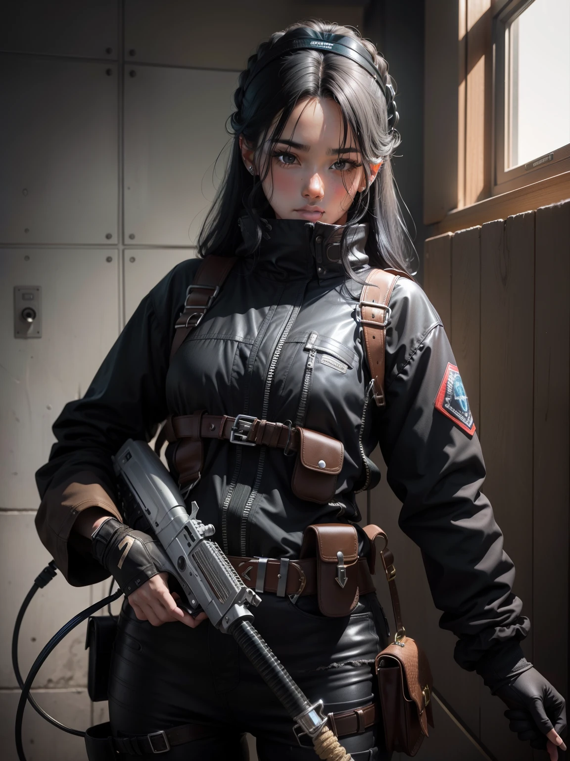 1 girl, wearing hood, looking at viewer, 8k, one hand holding a katana, one hand holding m1 garand, wearing modern armor, masterpiece, leaning against fence