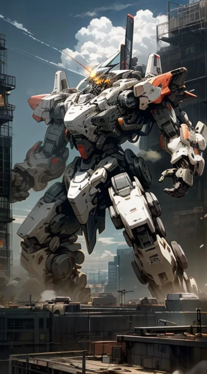 sky, cloud, Holding_weapon, number_human, glow, , robots fighting, war, building, glow_eyes, Mecha, science_novel, city, realistic,Mecha