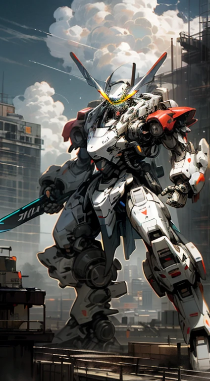 sky, cloud, Holding_weapon, number_human, glow, , robots fighting, war, building, glow_eyes, Mecha, science_novel, city, realistic,Mecha