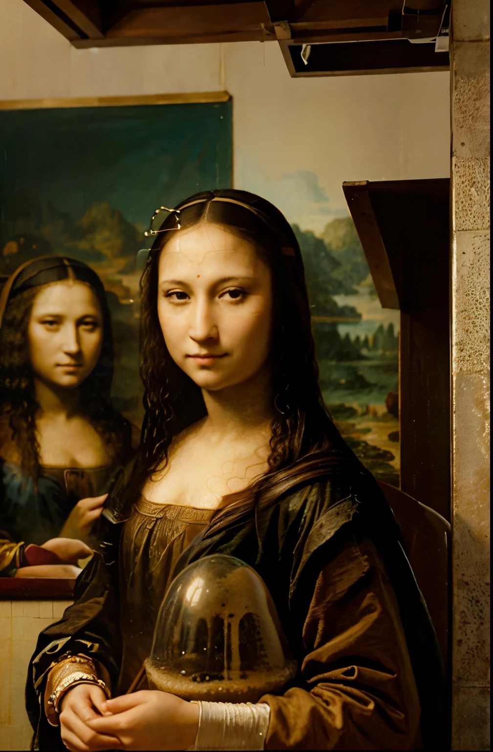 La mona lisa tomando Bubble tea con el popete en la boca