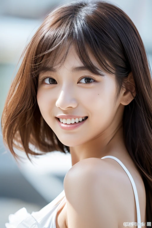 highest quality, Ultra-high resolution, (RAW Photos:1.2), (8K), masterpiece, highest quality, Symmetric, High-definition RAW color photos Professional close-up photos, (Highly detailed face: 1.1), (Wide Shot:1.1), Focus Only, Self snap, Highly detailed eyes, 1 Girl, Beautiful Japanese Girls, Slim Nose, Thin lips, Funny smile, Happy, Beautiful Teeth, White background, No sleeve, Hair removal,Image Size4:3,Bust up size pictures,Horizontal size 1980 x 1080