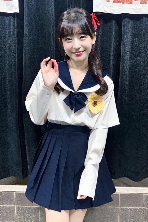 best quality, masterpiece, (photorealistic:1.4), 1girl, smiling eyes, (ulzzang-6500-v1.1:1.0), black Eyes, Beautiful Woman, Actress, 40 years old, witch, Japanese, sailor uniform, cosplay, micro-mini skirt, full body, JK