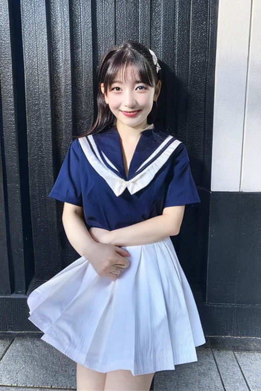 best quality, masterpiece, (photorealistic:1.4), 1girl, smiling eyes, (ulzzang-6500-v1.1:1.0), black Eyes, Beautiful Woman, Actress, 40 years old, witch, Japanese, sailor uniform, cosplay, micro-mini skirt, full body, JK