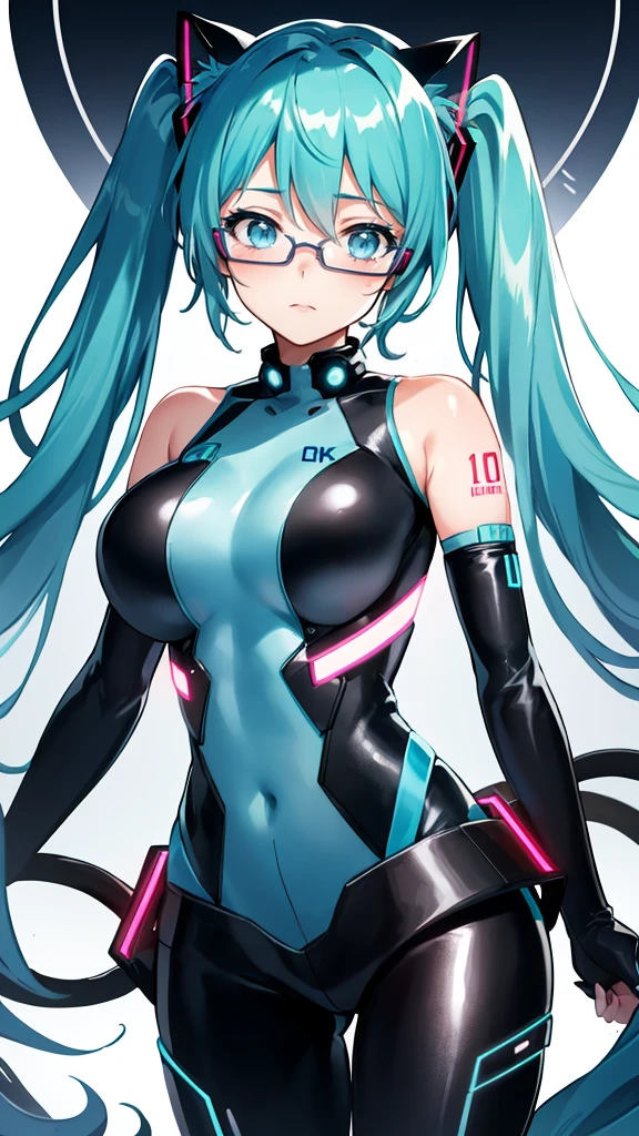 Hatsune Miku Vocaloid, Twin Tails, Light Blue Eyes, Light Blue Hair, Pichi Pichi Bodysuit, Cyber punk, Ultimate Physical Beauty, Beautiful Eyes, embarrassed look , ((Big Breasts)), 8K CG, Top Quality, Best Image Quality, 2D digital illustration, 1cute girl, cat ears, cat tail, 1 girl, glasses,