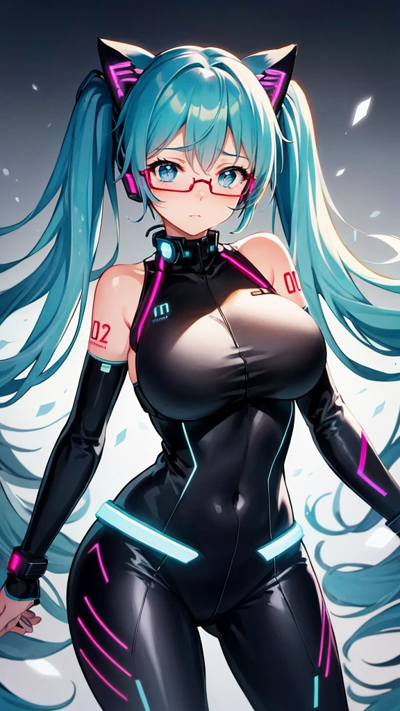 Hatsune Miku Vocaloid, Twin Tails, Light Blue Eyes, Light Blue Hair, Pichi Pichi Bodysuit, Cyber punk, Ultimate Physical Beauty, Beautiful Eyes, embarrassed look , ((Big Breasts)), 8K CG, Top Quality, Best Image Quality, 2D digital illustration, 1cute girl, cat ears, cat tail, 1 girl, glasses,