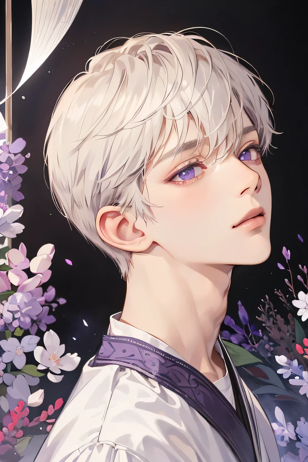 (extreamly delicate and beautiful:1.2), 8K,(masterpiece:1.0),(best_quality:1.0), 1boy, and intricate detailing, Enlarged textures, and intricate detailing, finely eye and detailed face, and intricate detailing, lilac short hair, (closed mouths), Perfect eyes, Equal eyes, lilac purple eyes (A male god)