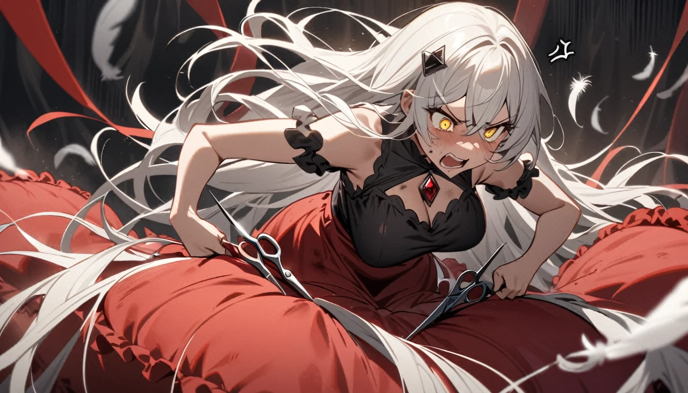 A woman, flowing white hair, melancholy eyes, yellow pupils, black diamond-shaped hairpin, A woman is cutting up a Tattered super huge red silk cushion with scissors in a dirty way. Tiny feathers are dancing, angry