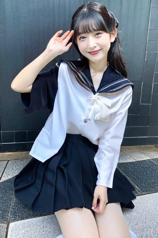 best quality, masterpiece, (photorealistic:1.4), 1girl, smiling eyes, (ulzzang-6500-v1.1:1.0), black Eyes, Beautiful Woman, Actress, 40 years old, witch, Japanese, sailor uniform, cosplay, micro-mini skirt, full body, JK