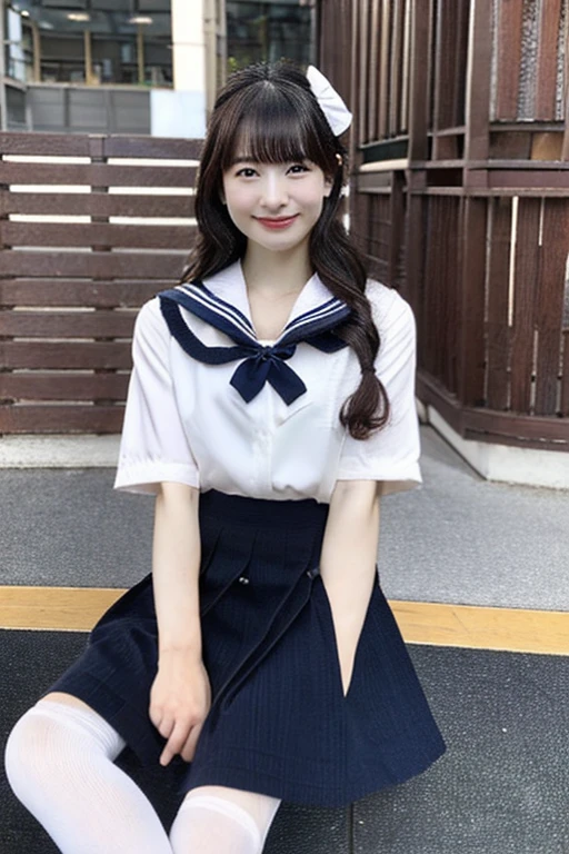 best quality, masterpiece, (photorealistic:1.4), 1girl, smiling eyes, (ulzzang-6500-v1.1:1.0), black Eyes, Beautiful Woman, Actress, 40 years old, witch, Japanese, sailor uniform, cosplay, micro-mini skirt, full body, JK