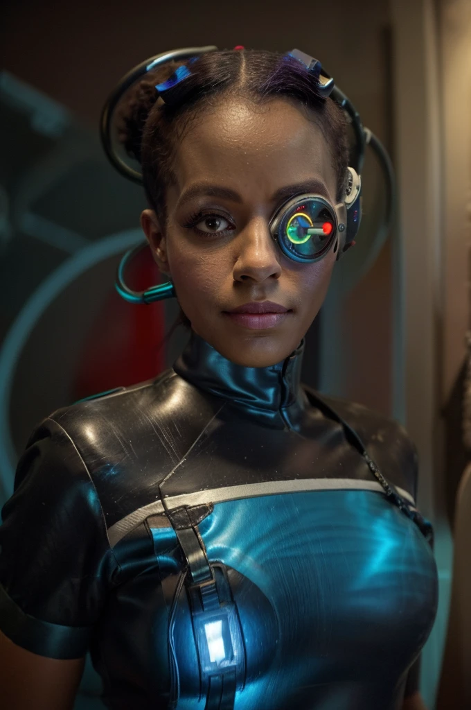 Black woman wearing blue sttldunf uniform,veins,borg,eyepatch,cable,luma,rosalina,detailed face,detailed eyes,detailed lips,metal texture,sci-fi,glowing lights
jamesdaly artstyle,