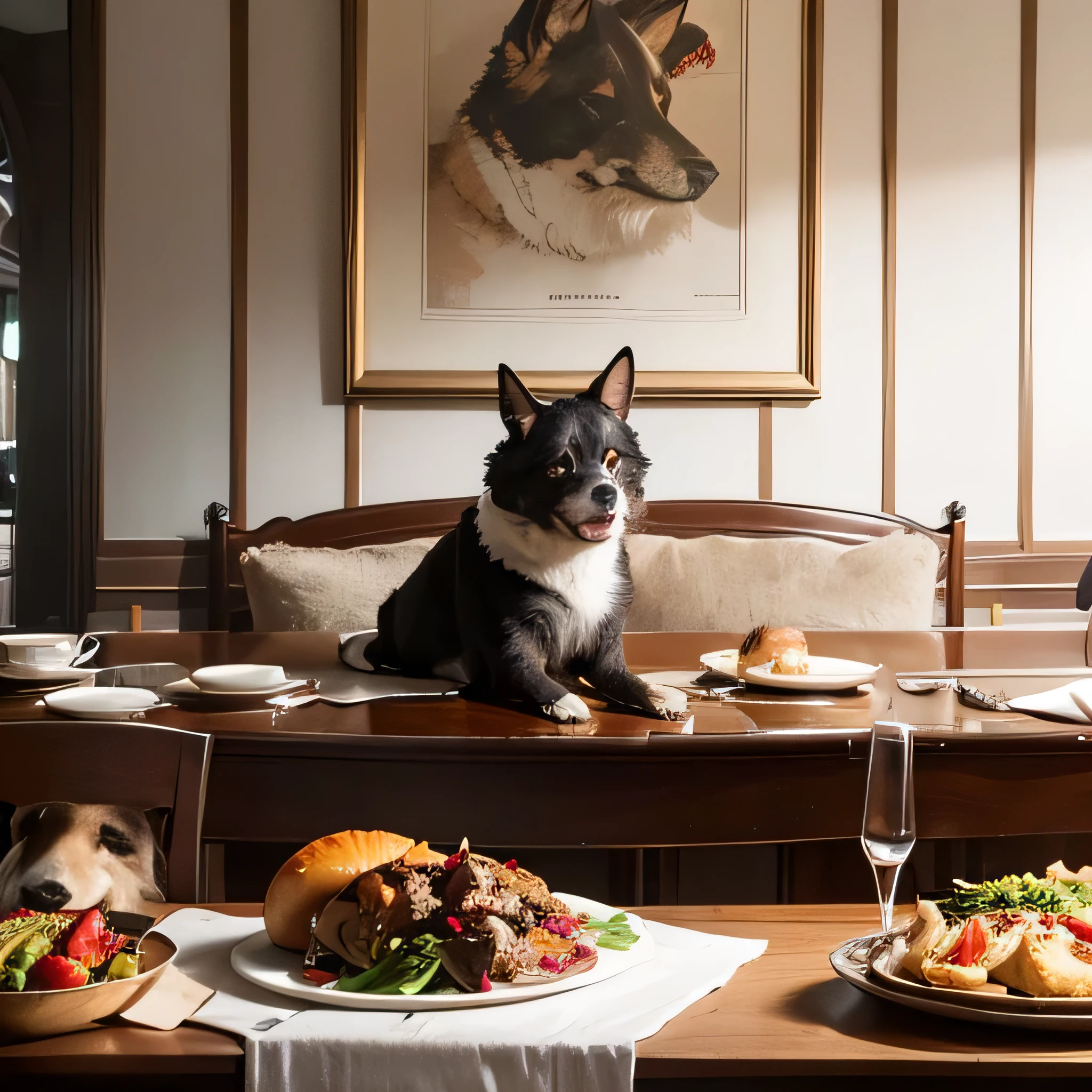 A man has a dog living in luxury, eating kebabs and kofta. Create an image that represents this scene, with colors that look old, as if from the early days of color television.
