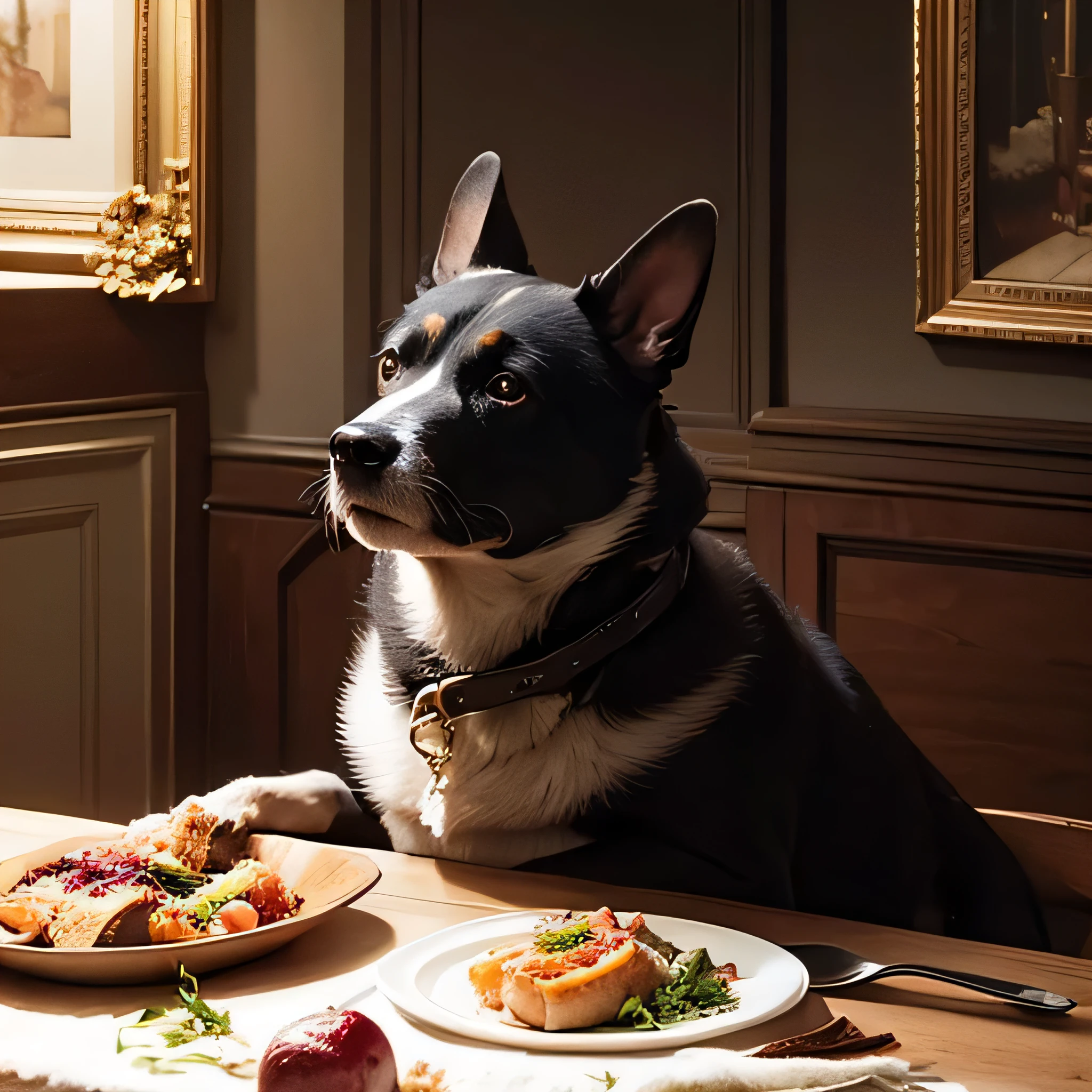 A man has a dog living in luxury, eating kebabs and kofta. Create an image that represents this scene, with colors that look old, as if from the early days of color television.