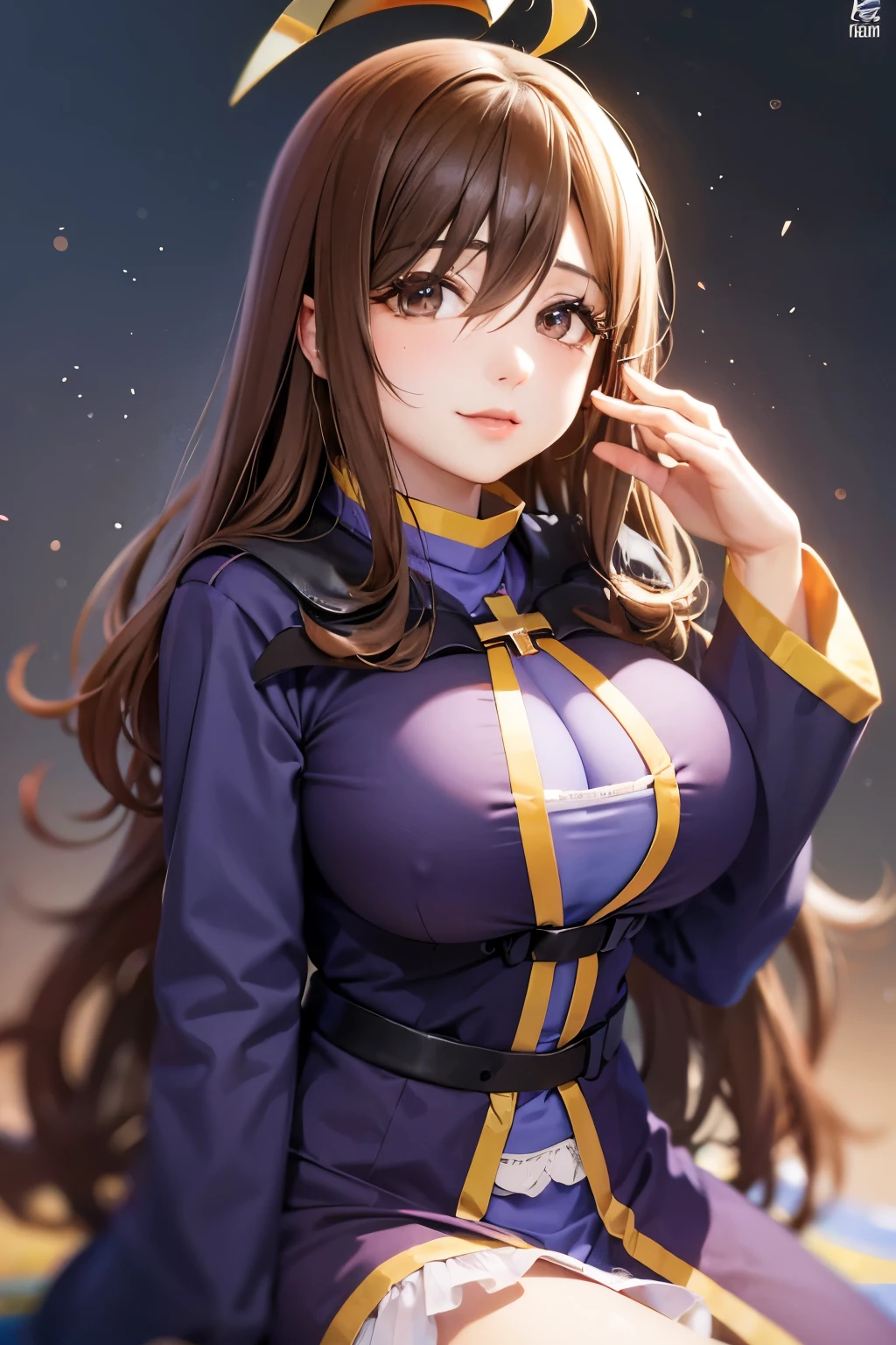 (desert), (finely detailed eyes and detailed face:1.3), (extremely fine and beautiful:1.1), (Perfect details:1.1), (gros seins), (jambes grasses), ((portrait)), vue de profil, kswiz, konosuba, hair over one eye, ahoge, robe, cross, earings, large breast