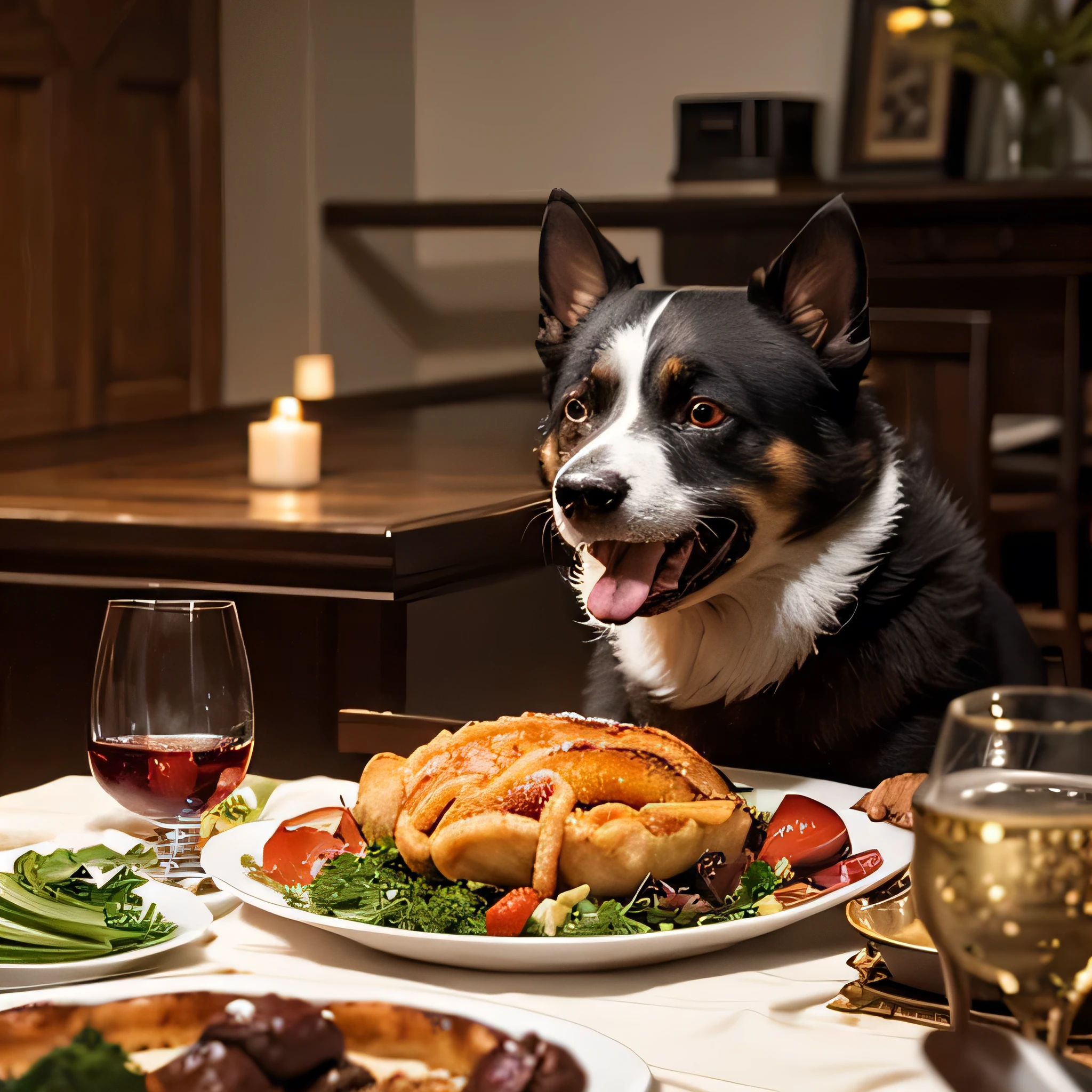 A feast for the eyes,sumptuous dining table,A pet dog eats wantonly