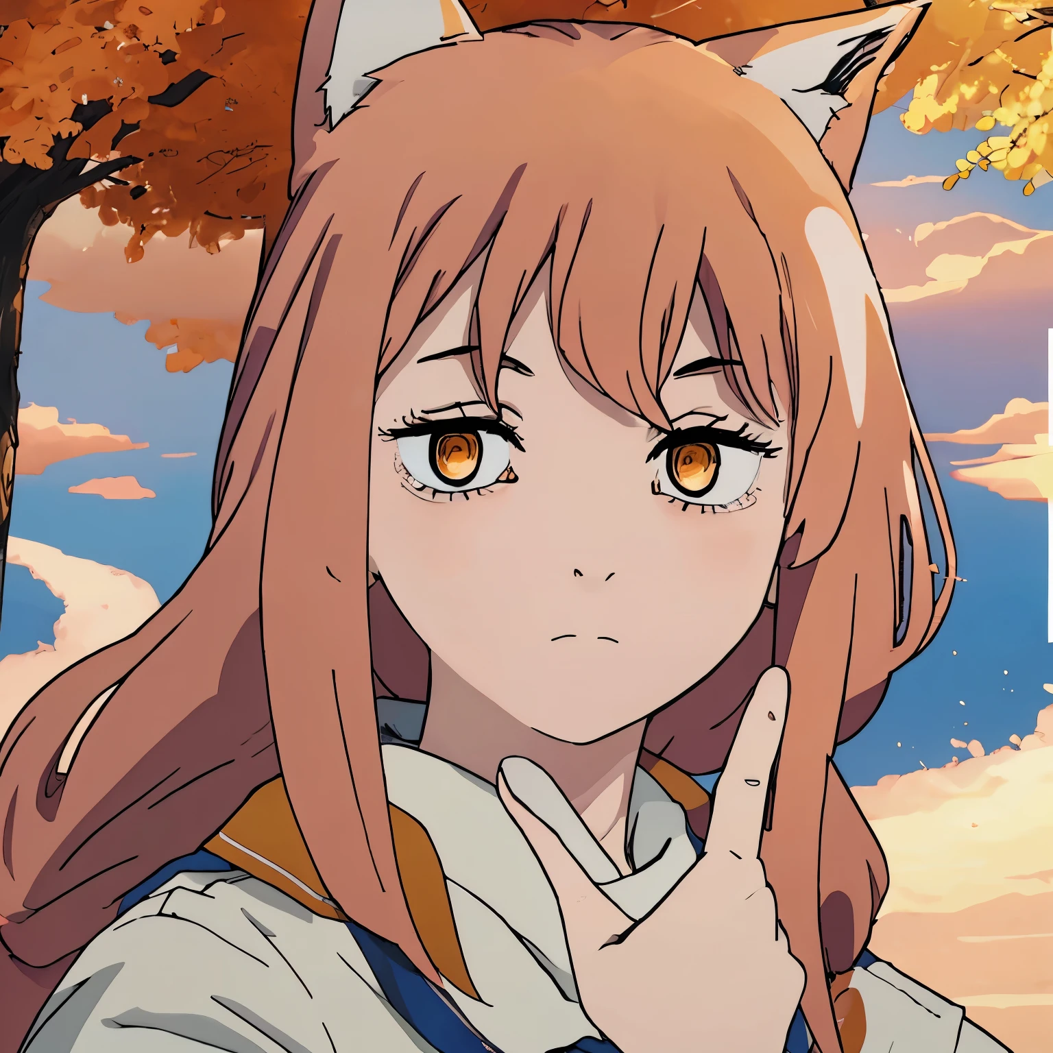 The image depicts an anime-style character, a girl with light red hair featuring fox ears and a tail, wearing a white and blue sailor uniform, yellow eyes, her finger placed thoughtfully on her chin. Her expression gives off a slightly mysterious vibe.