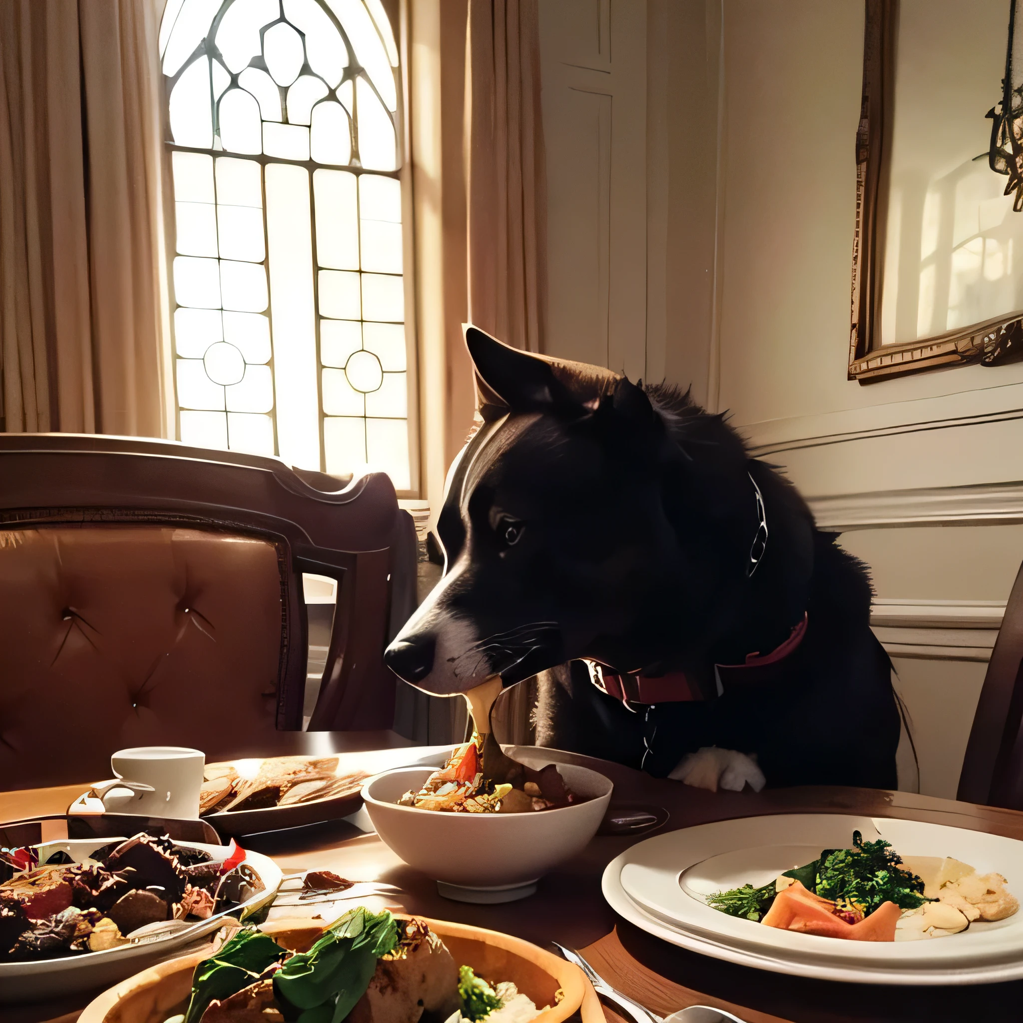 A feast for the eyes，sumptuous dining table，A pet dog eats wantonly