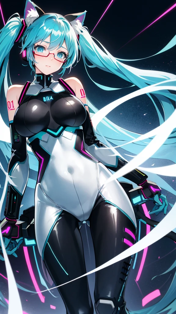 Hatsune Miku Vocaloid, Twin Tails, Light Blue Eyes, Light Blue Hair, Pichi Pichi , Cyber punk, Ultimate Physical Beauty, Beautiful Eyes, embarrassed look , (()), 8K CG, Top Quality, Best Image Quality, 2D digital illustration, 1cute girl, cat ears, cat tail, 1 girl, glasses,