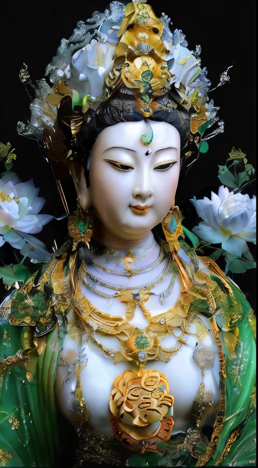 Close-up of a female statue with a necklace and flowers, 古代中国のgoddess, Ancient Chinese Beauties, Golden lotus princess, Kannon of the southern seas, Kannon, 愛と平和のgoddess, Empress of China, Ancient Chinese Princess, goddessの見事なPortraiture, 3d, goddess, Portraiture, 美しいgoddessのPortraiture