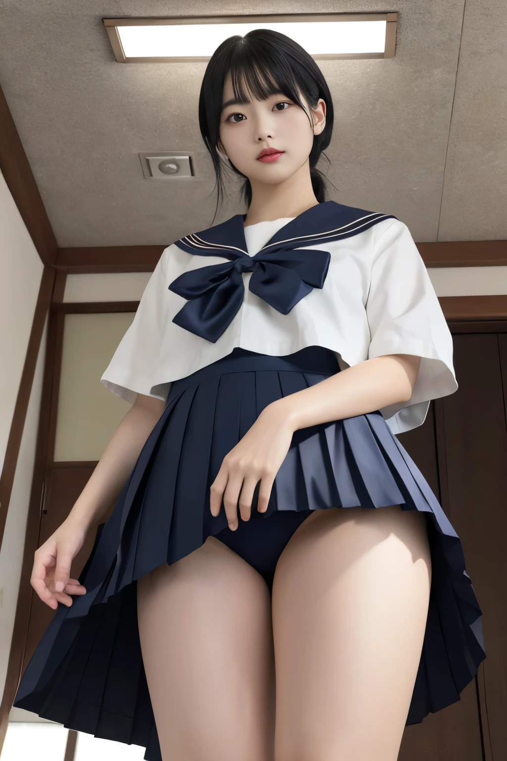 Masterpiece、highest quality、Woman 1、Super detailed、A woman looking up from directly below Black Hair Face seen from below Japanese 、Sailor suit、Pleated skirt、Skirt over swimsuit Soft thighs、Thick legs、stomach skirt lift、Swimsuit under skirt ceiling