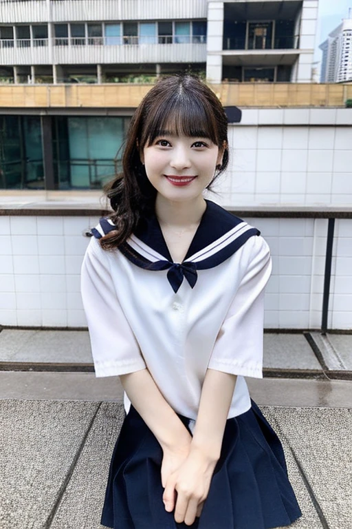 best quality, masterpiece, (photorealistic:1.4), 1girl, smiling eyes, (ulzzang-6500-v1.1:1.0), black Eyes, Beautiful Woman, Actress, 40 years old, witch, Japanese, sailor uniform, cosplay, micro-mini skirt, full body, JK
