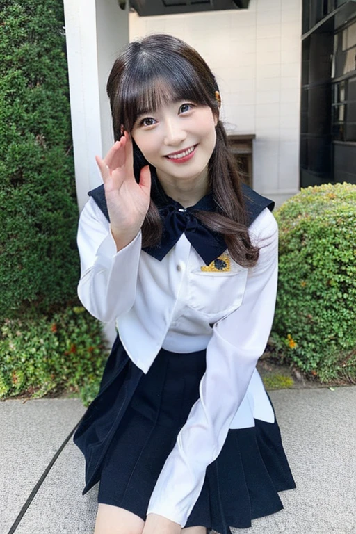 best quality, masterpiece, (photorealistic:1.4), 1girl, smiling eyes, (ulzzang-6500-v1.1:1.0), black Eyes, Beautiful Woman, Actress, 40 years old, witch, Japanese, sailor uniform, cosplay, micro-mini skirt, full body, JK