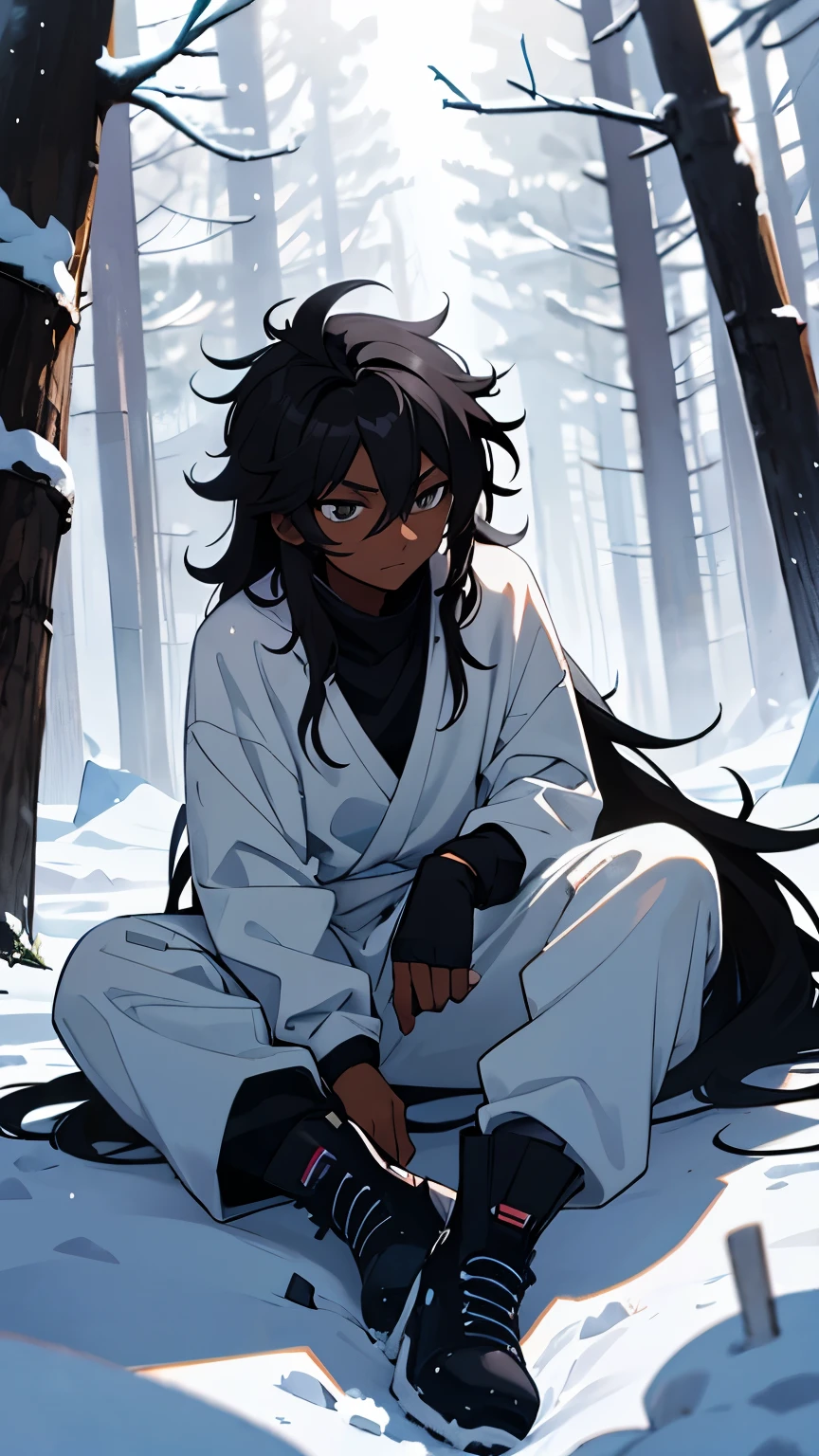 Male, young, dark skin, black long hair, messy hair, black eyes, white long-sleeved high-neck blouse, white sweatpants, black snow boots, in a snowy forest