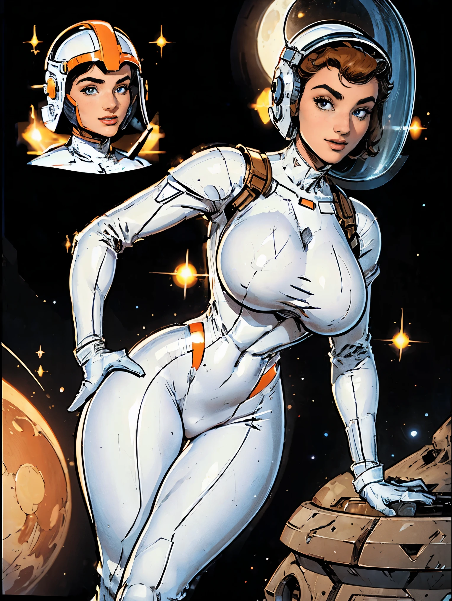 (masterpiece, top quality, best quality, official art, beautiful and aesthetic:1.2), (1girl:1.3), light freckles, fair skin, extremely detailed, portrait, looking at viewer, solo, (full body:0.6), detailed background, close up, (bright space pinup theme:1.1), busty 1950's pinup brunette space girl, charlatan, smiling, happy, mysterious, spacewalk, modest attire, white and orange space suit, spacesuit, helmet, bodysuit, ray gun, long boots, pouches, jetpack, glass helmet, rocket ship, ((((helmet, narrow hips, slim sexy body, gigantic breasts)))), slim waist, slim hips, long legs, futuristic (moon exterior:1.1) background, dark mysterious lighting, shadows, magical atmosphere, dutch angle,