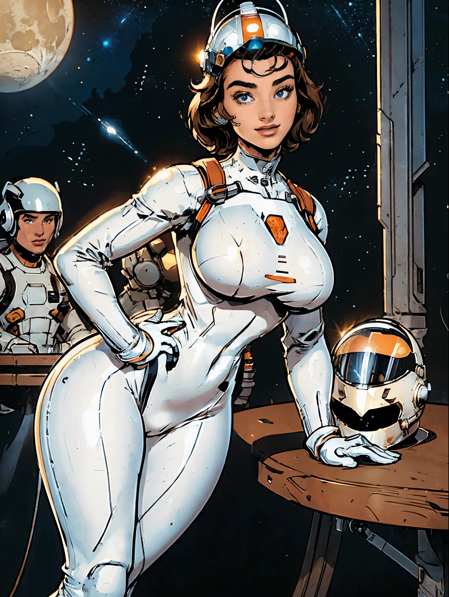 (masterpiece, top quality, best quality, official art, beautiful and aesthetic:1.2), (1girl:1.3), light freckles, fair skin, extremely detailed, portrait, looking at viewer, solo, (full body:0.6), detailed background, close up, (bright space pinup theme:1.1), busty 1950's pinup brunette space girl, charlatan, smiling, happy, mysterious, spacewalk, modest attire, white and orange space suit, spacesuit, helmet, bodysuit, ray gun, long boots, pouches, jetpack, glass helmet, rocket ship, ((((helmet, narrow hips, slim sexy body, gigantic breasts)))), slim waist, slim hips, long legs, futuristic (moon exterior:1.1) background, dark mysterious lighting, shadows, magical atmosphere, dutch angle,