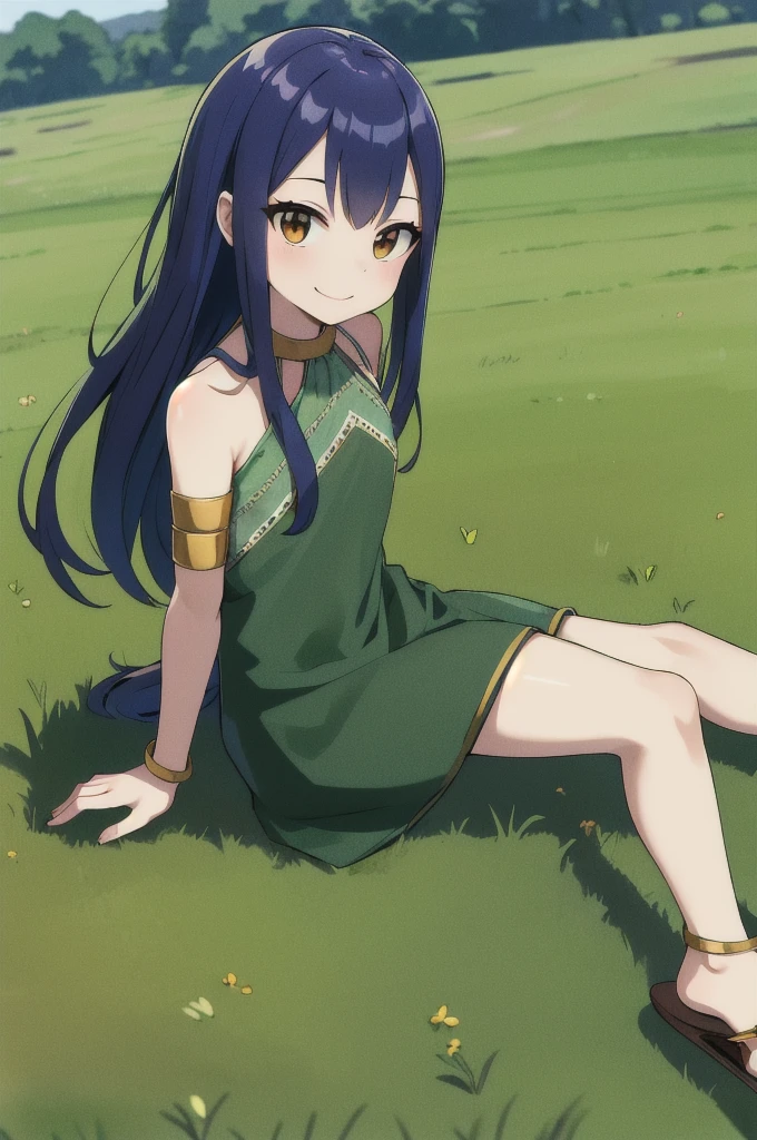 masterpiece, best quality, highres, aawendy, long hair, bare shoulders, green dress, sleeveless dress, armlet, bracelet, field, wariza, sitting, smile, sandals,