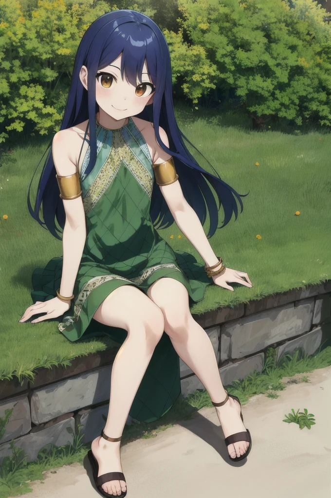 masterpiece, best quality, highres, aawendy, long hair, bare shoulders, green dress, sleeveless dress, armlet, bracelet, field, wariza, sitting, smile, sandals,