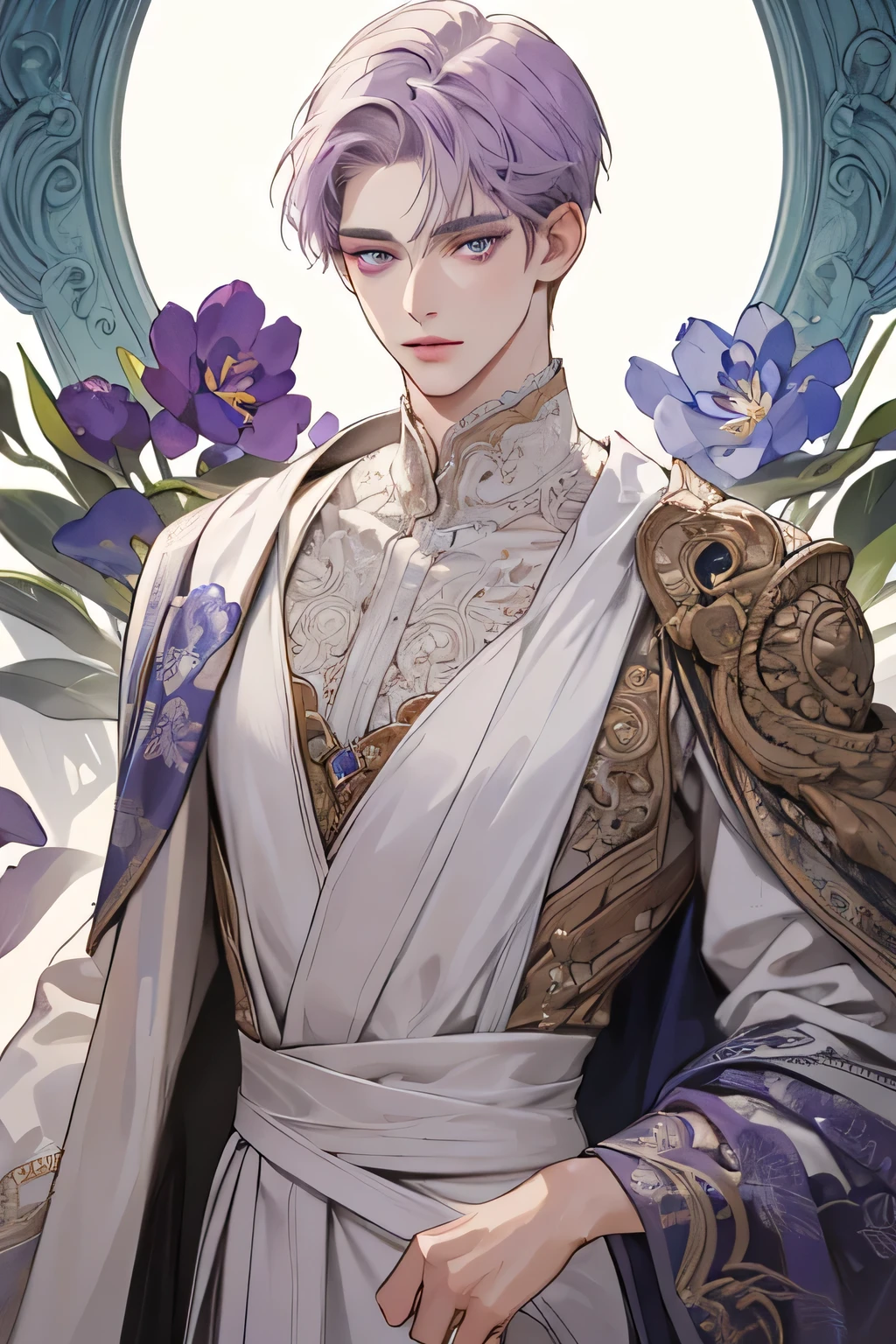 (extreamly delicate and beautiful:1.2), 8K,(masterpiece:1.0),(best_quality:1.0), 1boy, and intricate detailing, Enlarged textures, and intricate detailing, finely eye and detailed face, and intricate detailing, lilac short hair, (closed mouths), Perfect eyes, Equal eyes, lilac purple eyes (A male god) half body, perpect, big body, tall body