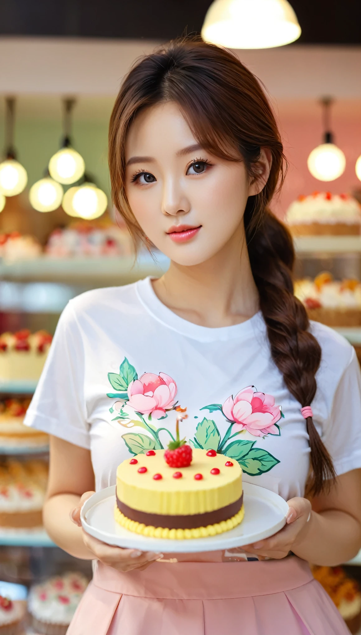close-up of beautiful korean female, 34 inches breasts size, wearing t-shirt cartoon pattern, short, holding mini cake, in cake shop, bokeh background, UHD