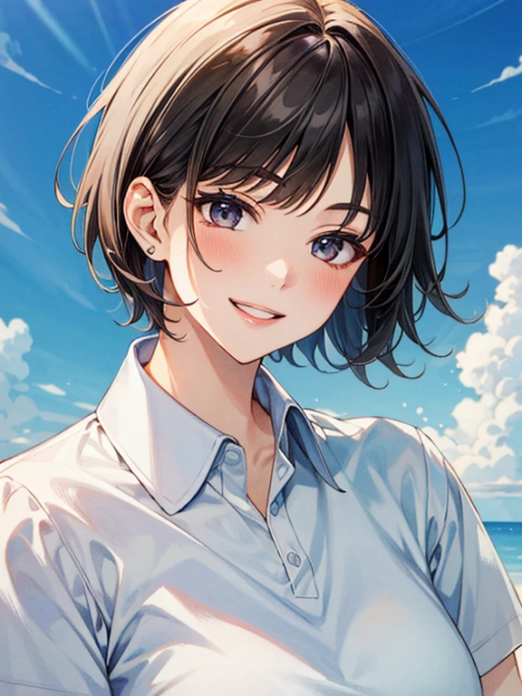 masterpiece、High definition、High resolution、high quality、High resolution、Ten generations of women、Short Hair、Beautiful Lips、Very large breasts、Courting face、Smiling with teeth showing、((near))、White polo shirt、blue sky