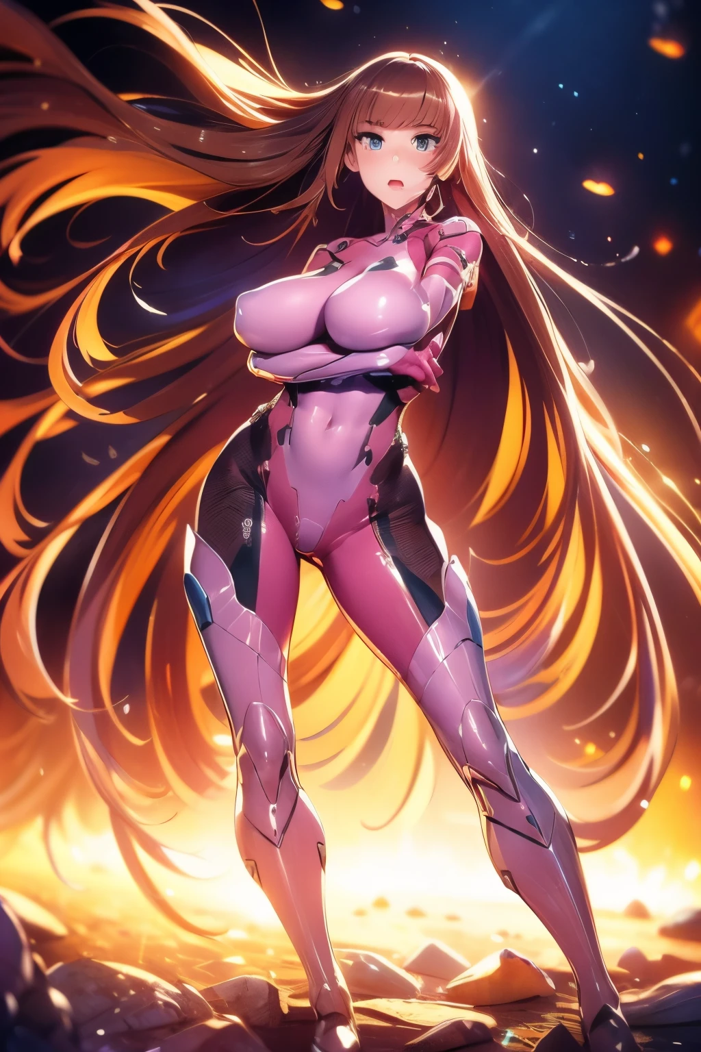 (Highres) (Detailed illustration) Ultra-detailed, blue eye color, Asuka Koukawa, hime hair, straight bangs, very long hair, ginger hair, teen, visible muscles, athletic body, toned abdomen, thick arms, mechanical limbs, mechanical arms, oppai, huge breasts, very long hair, pink opaque bodysuit, shiny latex bodysuit, detailed latex bodysuit, full body, fierce expression, dramatic lighting, action pose, reflecting bullets with arms, bullets bouncing off arms,