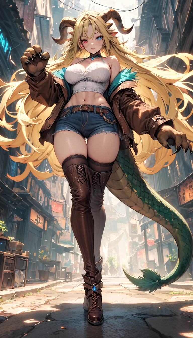 (masterpiece), (best quality:1.4), (perfect anatomy:1.4), high quality, expressive eyes, full body, tall girl, detailed face, beautiful face, perfect face, detailed ((blonde hair)), (green hair), {{pale skin}}, chimera, large breasts, thick thighs, very long hair, bare shoulders, denim, (short shorts), dynamic lighting, high resolution, 4k resolution, dynamic pose, silver jewelry, {fantasy background}, choker, animal ears, cat ears, ((lion ears)), {{snake head tail}}, snake tail, (tail), ((multicolored hair)), thigh-highs, horns, goat horns, dragon horns, curvy, ((monster girl)), heterochromia, red eyes, icy blue eyes, feathered wings, claws, thigh gap, white shirt, brown leather jacket, cowboy hat, midriff, animal hands,