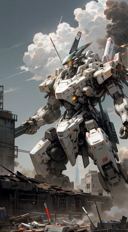 sky, cloud, Holding_weapon, number_human, glow, robots in groups, fight war, blast, rocket, Missile, Broken building, glow_eyes, Mecha, science_novel, city, realistic,Mecha