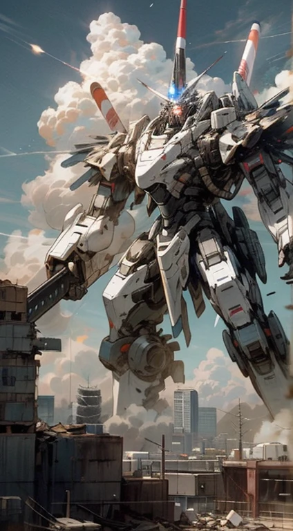 sky, cloud, Holding_weapon, number_human, glow, robots in groups, fight war, blast, rocket, Missile, Broken building, glow_eyes, Mecha, science_novel, city, realistic,Mecha