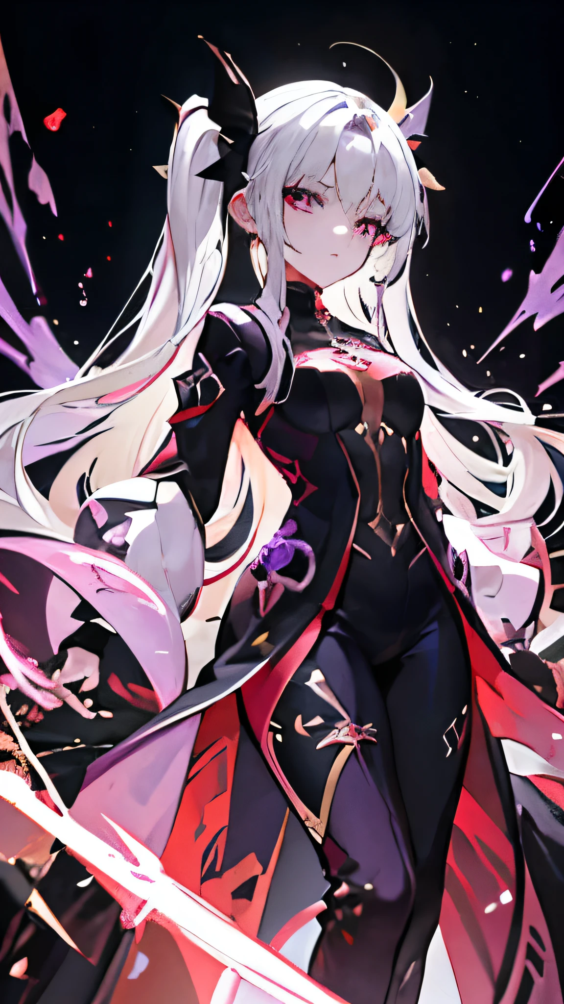 Purple eyes, glowing eyes, serious face, woman, yellow rune, yellow makeup, woman, full body, close, body, white hair, tohsaka hair, black purple suits, complete body, mistic, dragon, horn dragon