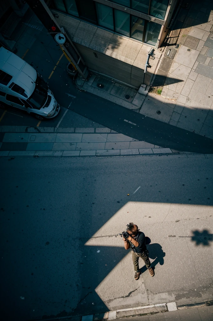 Aerial view of a photographer on the street looking at the sky 
