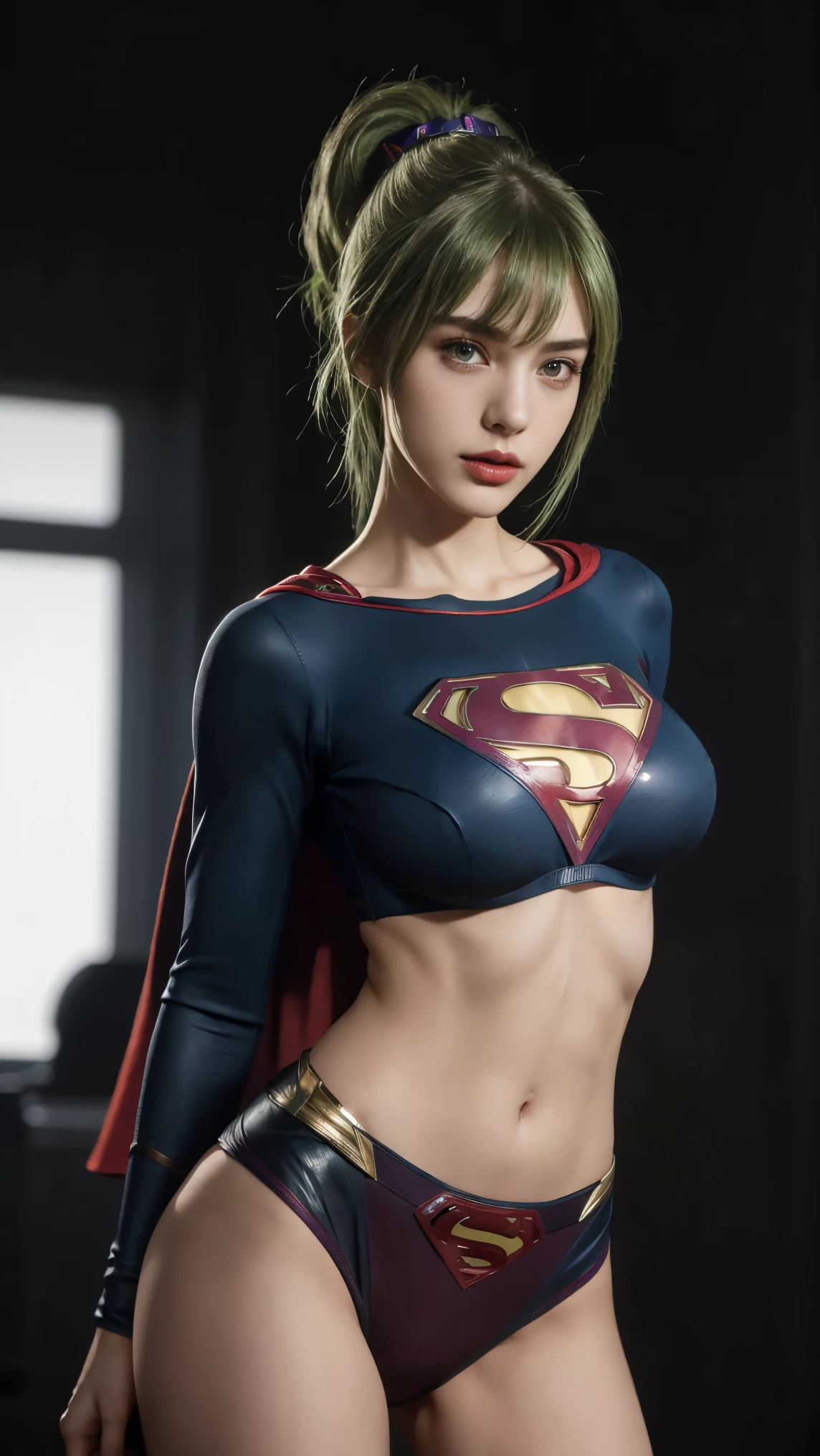 8K, Top Quality, Intricate Details, Ultra Detail, Ultra High Resolution, Masterpiece, close up shot, (full body: 1.1), Slender, Smile, (Makeup: 0.4), (Fluffy purple Eyes: 1.21), (()), 1girl, solo, 1 girl, ((green hair, bangs, high ponytail)), close up shot, , ((tall)), (((fit body))), (((slim face))), sharp face, (()) ,(detailed face), sharp face, small lips, ,
((,superman suit )), , ((,)),detailed face, detailed breast, , ((large breast, huge breast )), , Narrow Waist, Skinny, tall , 175 cm tall, Muscular, Navel, Exposed Abdomen, Pointed Chest,, Beautiful girl with accentuated slender abs: 1.4, Six Pack Abs: 1.4, Bust Botox, Big, Perfect Body, detail leg, (( dark background)), black background,