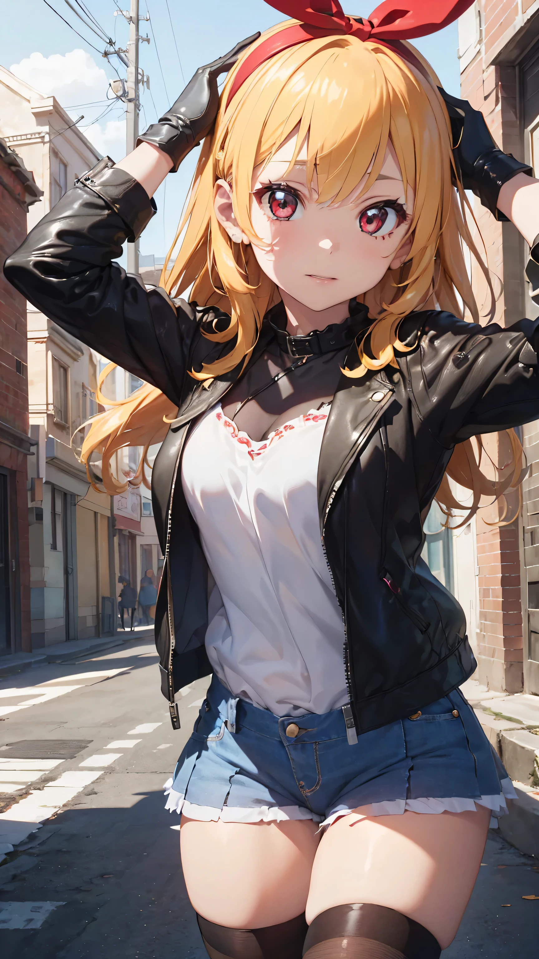 Anime girl in short shorts and a leather jacket posing on a street ...