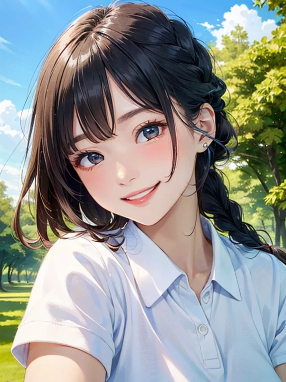 masterpiece、High definition、High resolution、high quality、High resolution、Ten generations of women、Braid、Beautiful Lipoist lips、Very large breasts、Courting face、Smiling with teeth showing、((near))、White polo shirt、blue sky