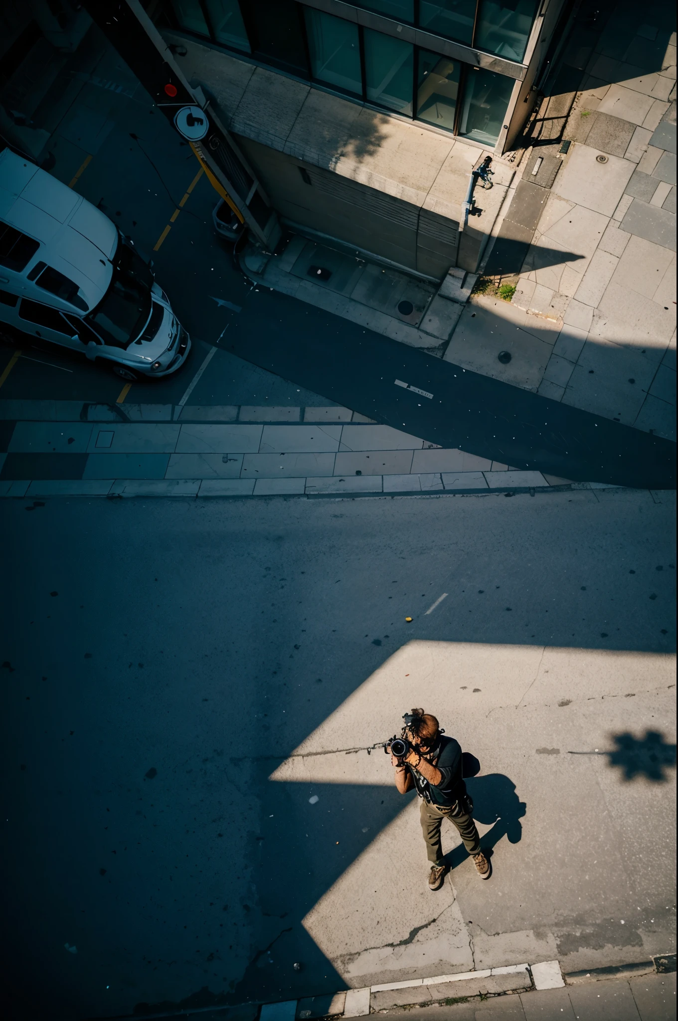 Aerial view of a photographer on the street looking at the sky