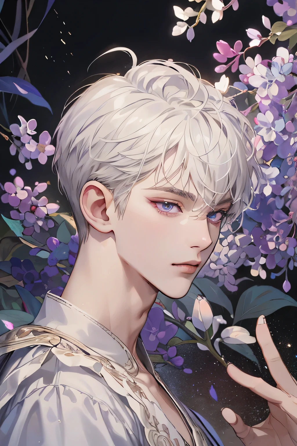 (extreamly delicate and beautiful:1.2), 8K,(masterpiece:1.0),(best_quality:1.0), 1boy, and intricate detailing, Enlarged textures, and intricate detailing, finely eye and detailed face, and intricate detailing, white short hair, (closed mouths), Perfect eyes, Equal eyes, lilac purple eyes (A male god) half body, perpect, big body, tall body
