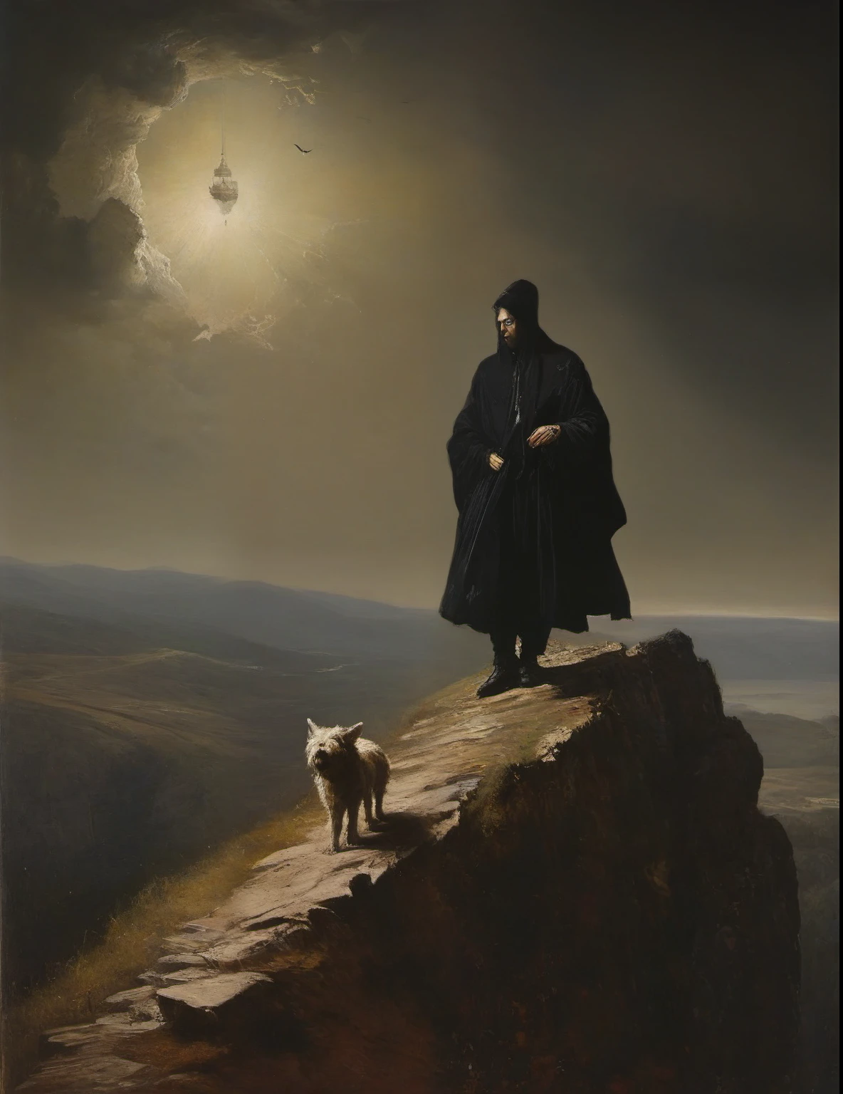James Gurney, Surrealist art , dream-like, Mysterious, Provocative, symbolic, Complex, detailed,, (Gothic but very beautiful:1.4), (masterpiece, highest quality:1.4) , Nicola Samori Style, Tarot Cards、0 fan、fool、Mountain in the background々、Young man walking on cliff、Little dog at feet
