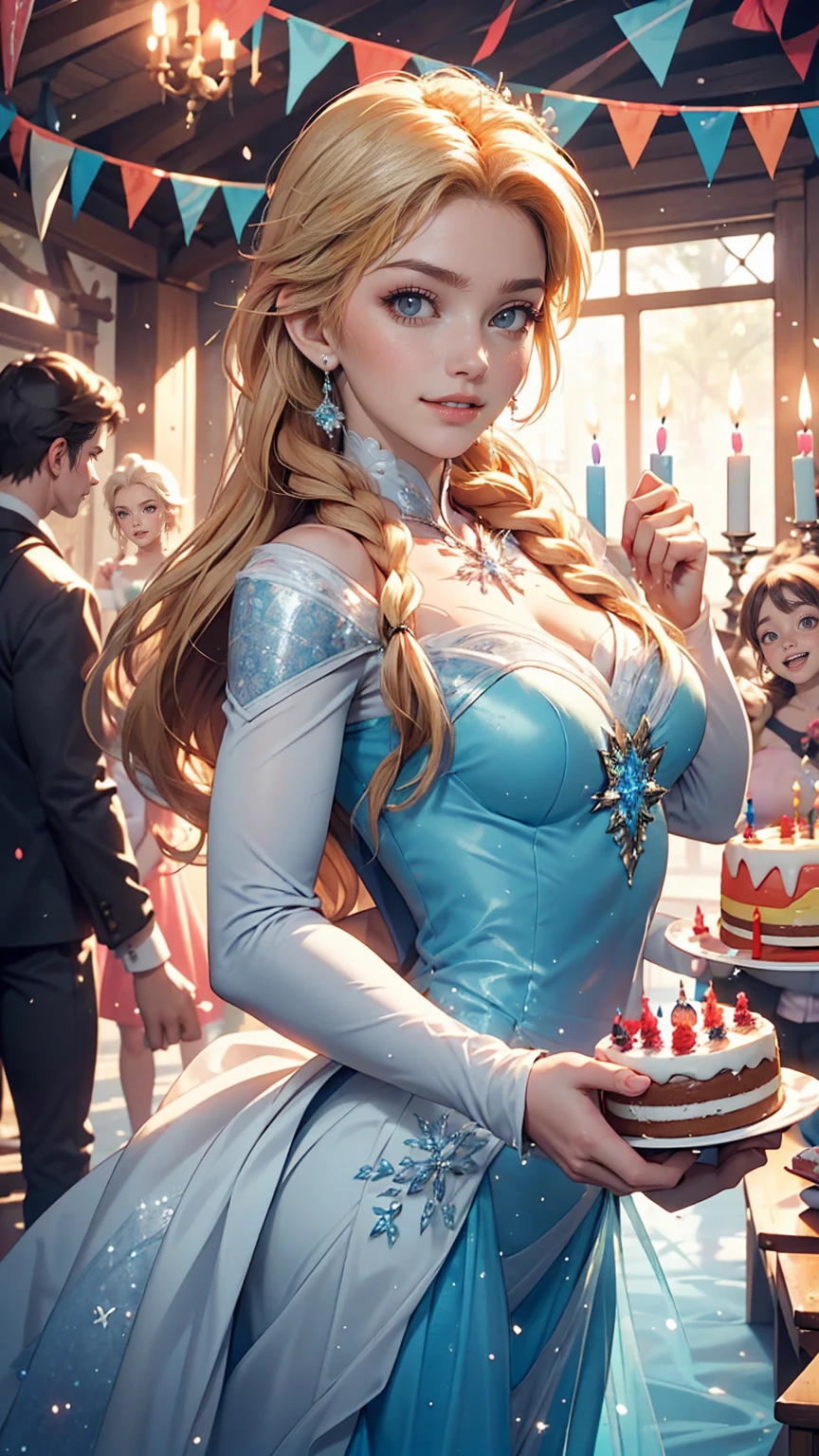 4〜A fun birthday party scene with six kids, cake, Candles and Disney「Frozen」Elsa is standing in the background, Celebration style, Detailed depiction of the characters' facial structures, Bright colors overall, candles on the cake, Charles M. Schultz